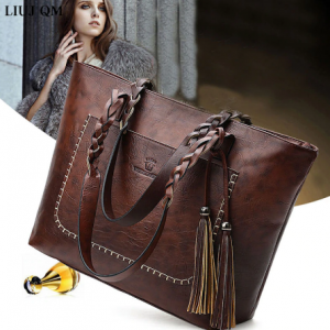Elegant Vintage Tassel Handbag Women Brown Leather Shoulder Bag Ladies Retro Tote Large PU Handbags 2020 Fashion Big Black Bags discountshub