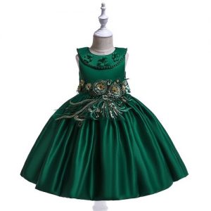 Girl Princess Dress Round Neck Beaded Satin Lantern Skirt Child Flower Wedding Dress discountshub