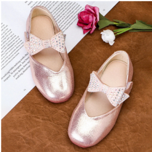 Girls Rhinestone Bow Decor Hook Loop Ankle Strap Flat Loafers discountshub