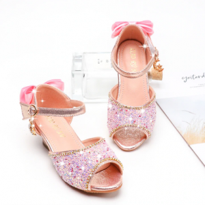 Girls Sandals Summer Bowtie Glitter Rhinestone High Heel Leather Shoes Kids Shoes for Girl Princess Princess Sandals SJD031 discountshub