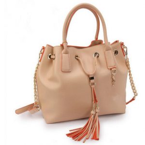 Ladies Leather Drawstring Bucket Shoulder Bag - Beige discountshub