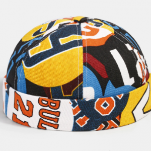 Men Contrast Color Graffiti Pattern Brimless Beanie Landlord Cap Skull Cap discountshub