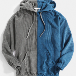 Mens Corduroy Two Tone Patchwork Loose Casual Kangaroo Pocket Drawstring Hoodies discountshub