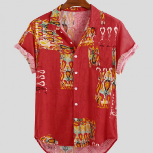 Mens Summer Ethnic Printed Chest Pocket Turn Down Collar Short Sleeve Casual Shirts discountshub