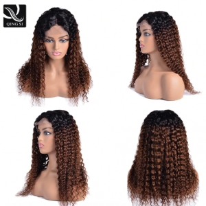 Ombre Deep Curly Wigs Black to Brown Side Part Long Deep Wavy Wig With Brazilian Remy Lace front Human Baby Hair Pre Plucked discountshub