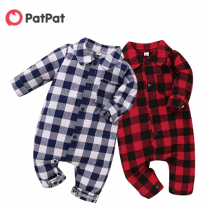 PatPat 2020 New Spring Autumn Newborn Cotton Casual classic Plaid Collar Jumpsuit for Baby Boy Baby Girl Clothes Three Colors discountshub