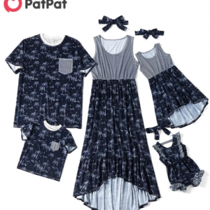 PatPat 2020 On Sales Summer Family Matching Royal Blue Coconut Tank Sleeveless Dress T-shirt and Rompers Family Look Clothes discountshub