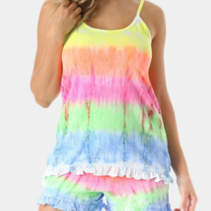 Plus Size Women Softies Gradient Tie Dye LoungeWear Spaghetti Straps Flounce Comfy Pajamas Sets discountshub