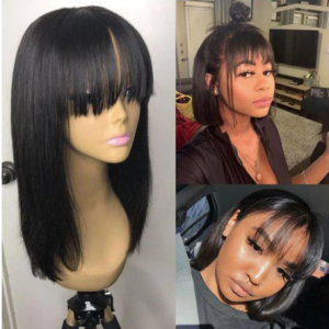 Puromi Non Remy Straight Human Hair Wigs with Bangs Natural Black Peruvian Full Machine Made Wig for Black Women 10-24 Inch discountshub