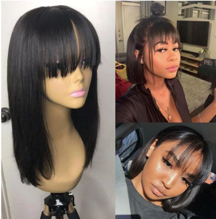 Puromi Non Remy Straight Human Hair Wigs with Bangs Natural Black Peruvian Full Machine Made Wig for Black Women 10-24 Inch discountshub