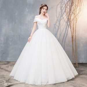 Women Double Shoulder Wedding Gown Bridal Dress -White discountshub