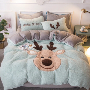 4Pcs Shearling Bedding Set Cartoon Elk Elephant Bull Dinosaur Rabbit Quilt Duvet Cover Bed Sheet discountshub