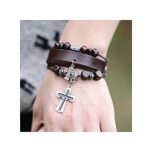Beaded Cross Leather Bracelet-Brown discountshub