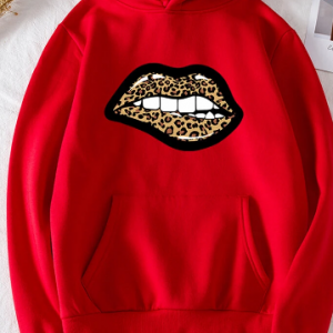 Casual Lips Printed Long Sleeve Hoodie With Pocket discountshub