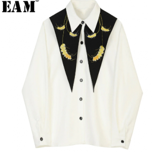 [EAM] Women White Pattern Print Spliced Blouse New Lapel Long Sleeve Loose Fit Shirt Fashion Tide Spring Autumn 2020 JZ225 discountshub