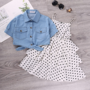 HE Hello Enjoy Girls Clothes Sets 2020 Summer Teenagers Dot Sling Princess Dress +Denim Blouse 2pc Kids Big Girl Dresses 4 10 12 discountshub