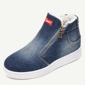 Large Size Women Casual Denim Cloth Plush Lined Zipper Flat Ankle Boots discountshub