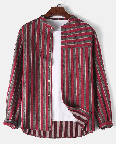 Men Cotton Stripe Splicing Casual Long Sleeve Shirt discountshub