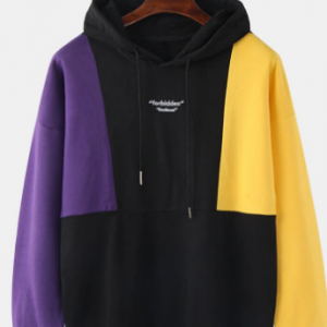 Mens 100% Cotton Colorblock Stitching Letter Embroidery Drop Shoulder Drawstring Hoodies discountshub