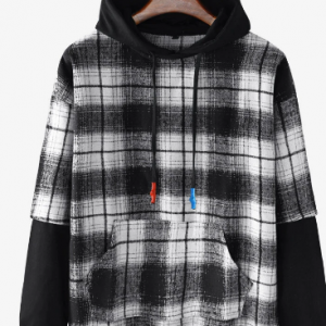 Mens Classical Check Print Patchwork Cotton Kangaroo Pocket Hoodie discountshub