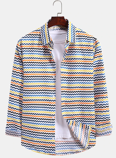 Mens Colorful Irregular Stripes Print Lapel Casual Long Sleeve Shirts discountshub