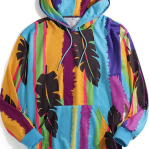 Mens Multi-Color Striped Leaf Print Designer Hoodies With Kangaroo Pocket discountshub