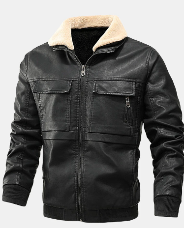 Mens PU Leather Thicken Zip Front Lapel Collar Jackets With Flap Pockets discountshub