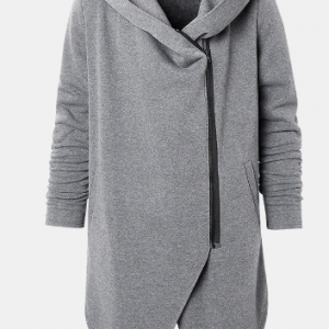 Mens Plain Zipper Front Irregular Hem Loose Designer Mid Length Hooded Jackets discountshub