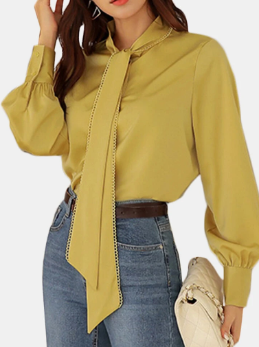 Solid Color Long Sleeve Shirt With Lace Tie For Women discountshub