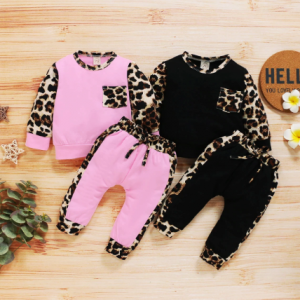Spring Autumn Baby 0-24M Fashion Children Girl Clothes Long sleeve Leopard stitching Hoodie+ Trousers 2pcs Suit discountshub