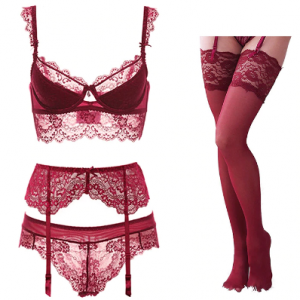 Varsbaby Thin Cotton Lace Sexy Comfortable Breathable Bra Set 4 Piece Bra+Panties+Garter+Stockings discountshub