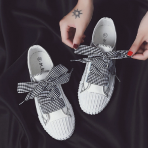 Women Breathable Walking Shell Toe Plaid Lace Up Canvas Shoes discountshub