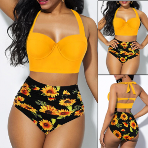 Women Fashion Sunflower Print Sleeveless Bikini Set Top Shorts Two Piece Set Swimsuit Bathing Suit Swimwear Beach Wear Tankinis discountshub