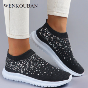 Women Flats Sneakers Crystal Fashion Bling Sneakers Casual Slip On Sock Trainers Summer Women Vulcanize Shoe Zapatillas Mujer discountshub