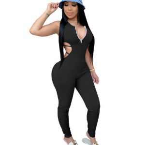 Zoctuo 2020 Solid Jumpsuits for Women Sexy Summer Hollow Out Black Jumpsuit Sleeveless Zipper V-Neck Playsuit for Women Sexy discountshub