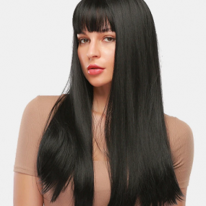28 Inch Black Long Straight Hair Soft Natural Bangs Chemical Fiber Wig discountshub