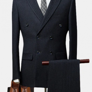 Double Breasted Notch Collar Striped Wedding Business Suit for Men discountshub