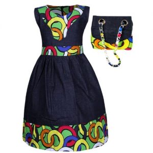 Girls Jean + Ankara Dress With Hand Bag- Blue discountshub