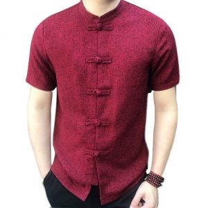 Incerun Vintage Mens Stand Collar Short Sleeve Shirt - Wine Red discountshub