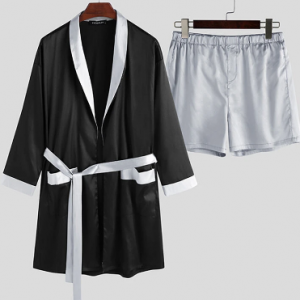 Men Contrast Color Shawl Collar Pajama Set Smooth Breathable Sleep Robe With Pocket discountshub