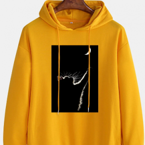 Mens Cat & Moon Graphic Print Drop Shoulder Cotton Drawstring Hoodies discountshub