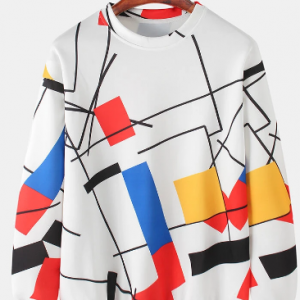 Mens Colorblock Line Print Relaxed Fit Daily Crew Neck Pullover Sweatshirt discountshub