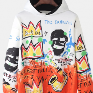 Mens Funny Letter Skull Graffiti Print Elastic Hem Casual Loose Pullover Hoodies discountshub