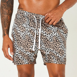 Mens Leopard Grain Beach Board Shorts Casual Sexy White Drawstring Quick Dry Shorts With Pockets discountshub