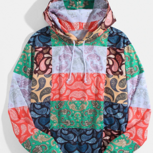 Mens Mixed Paisley Print Casual Loose Pullover Hoodie With Kangaroo Pocket discountshub
