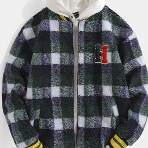 Mens Plaid Letter Patched Zip Front Baseball Collar Casaul Teddy Jacket discountshub