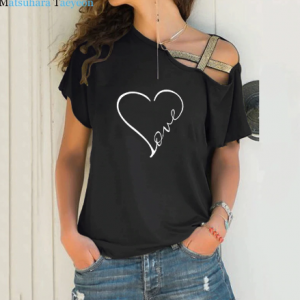 New Love Heart Print T Shirt Women T-shirt Irregular Short Sleeve Summer TShirt Tops Funny T Shirts Plus Size discountshub
