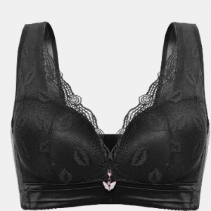 Women Lace Wireless Gather Solid Color Back Closure Wide Shoulder Straps Bra discountshub