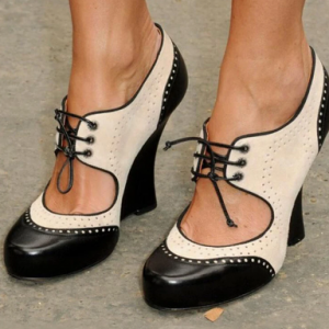 Women's Large Size Breathable Hollow Splicing Lace Up Chunky Heels Pumps discountshub