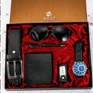 6 Pcs Men Watch Set Large Dial Quartz Watch Glasses Belt Wallet Keychain Pen Gift Kit discountshub